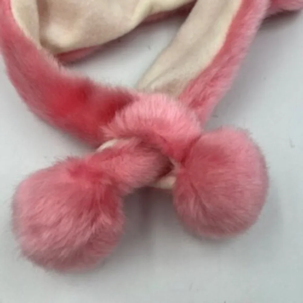 Pink Girl's Hat  Plush Fuzzy Snow beanie Bunny Ears‎ Warm  Fluffy Pom Pom Tie